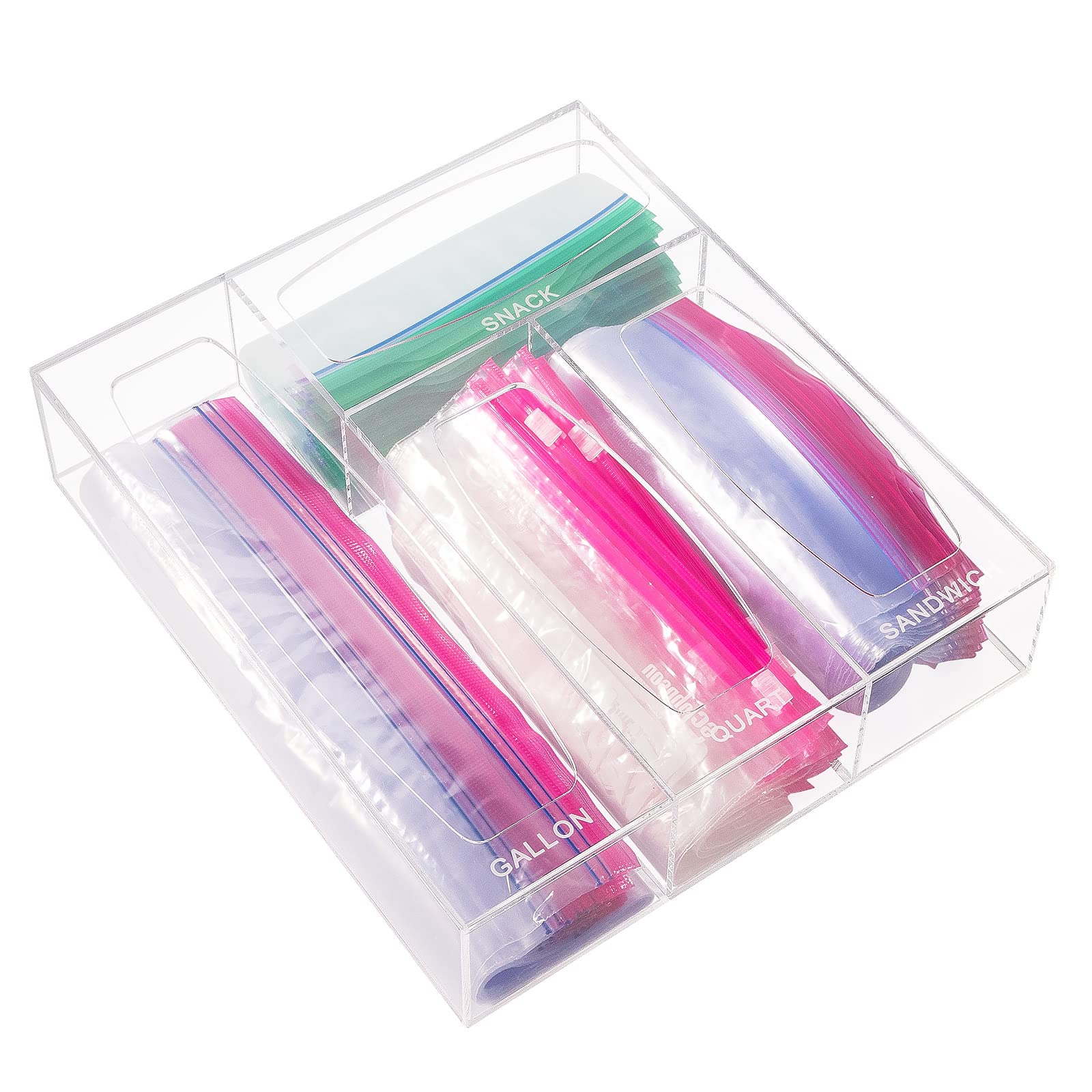 Acrylic Bags Storage Organizer - Baggie Bags Drawer Organizer & Plastic Food Storage Bags Holder - Compatible with Gallon, Quart, Sandwich, Snap, Freezer, Slider Bags (Clear)