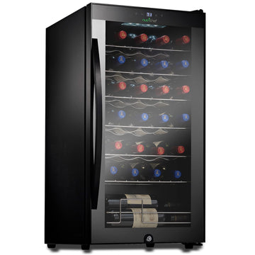 Nutrichef 28 Bottle Wine Fridge | Single Zone Red & White Wine Chiller | Adjustable Temperature 41°F to 64°F | Ultra Quiet Operation | Wine Cooler For Home & Office | Free Standing 33x16x17 IN | Black