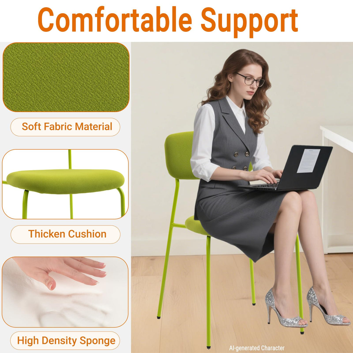 Sidanli Stackable Waiting Room Chairs, Armless Dining Chairs Without Wheels Set of 4 with Comfotable Cushion for Reception Break Room Lobby,