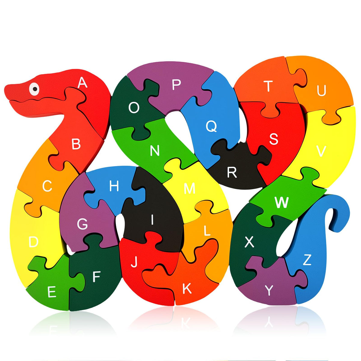 LovesTown Wooden Puzzles for Kids, Double Sided Snake Jigsaw with Alphabet & Numbers, Montessori Educational Toy for Toddlers, Chunky Animal Gift