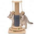 4-in-1 Solid Wood Cat Scratching Post with Self-Groomer, Natural Sisal Scratching Post with 2-Level Track Ball Toy, Interactive Cat Tree & Furniture Protector for Indoor Cats Medium Size