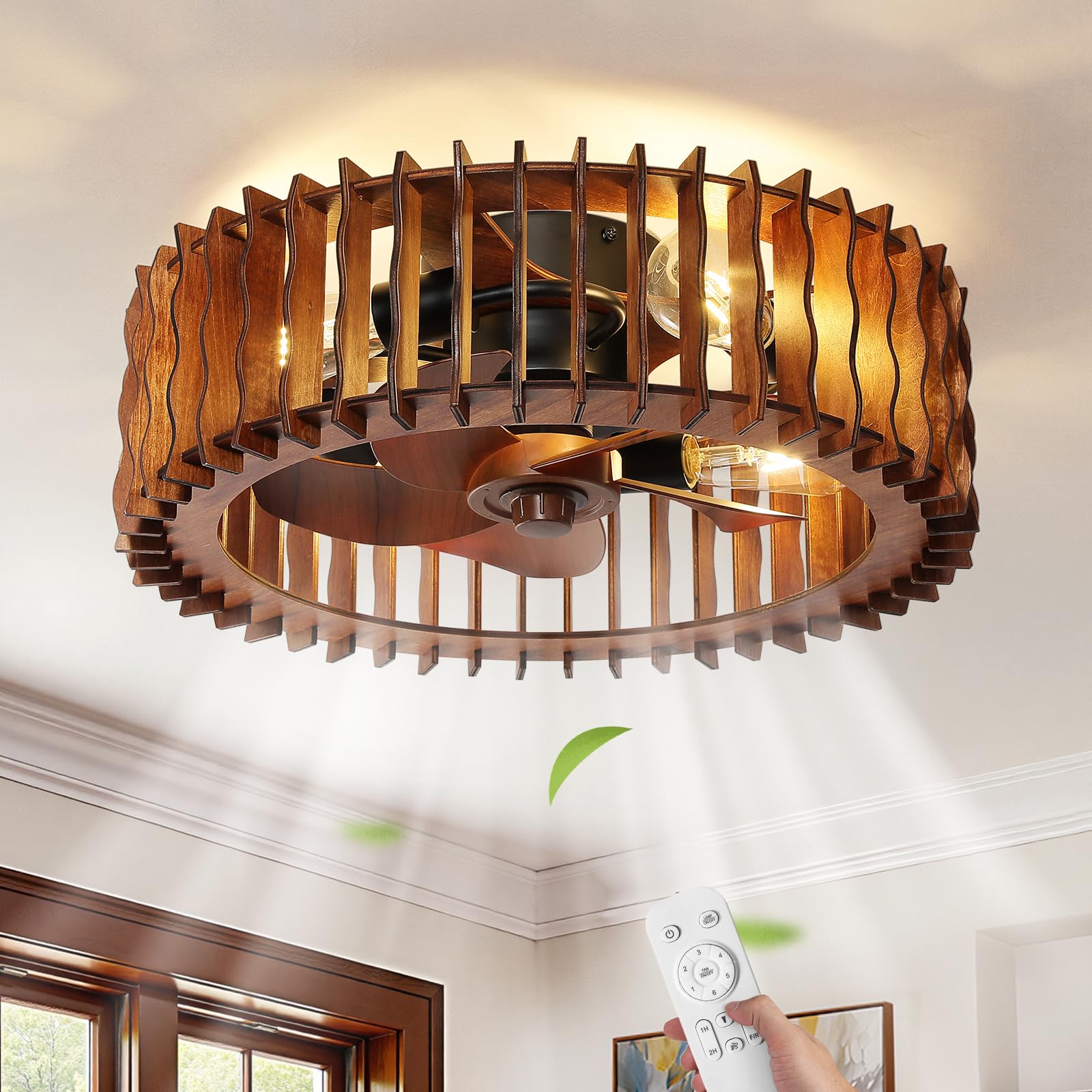 Wooden Fandelier Ceiling Fan with Light and Remote, 20" Flush Mount Caged Ceiling Fan with Light, 6 Speed Reversible Farmhouse Low Profile Ceiling Fan for Bedroom Living Room