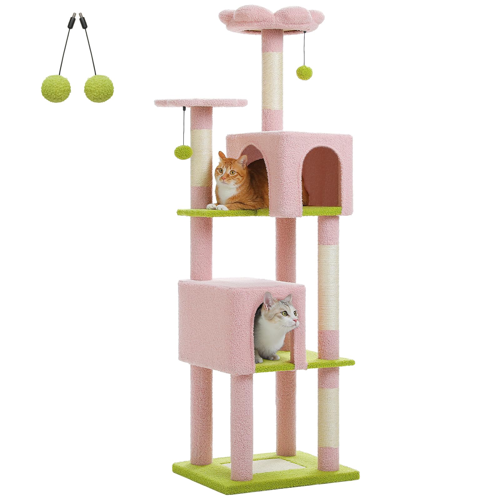 PAWZ Road Pink Flower Cat Tree Tower 62 Inches Cat Tree with 2 Condos,2 Flower Perches,4 Scratching Posts & 1 Scratching Board, and 2 Hanging Balls for Indoor Cats