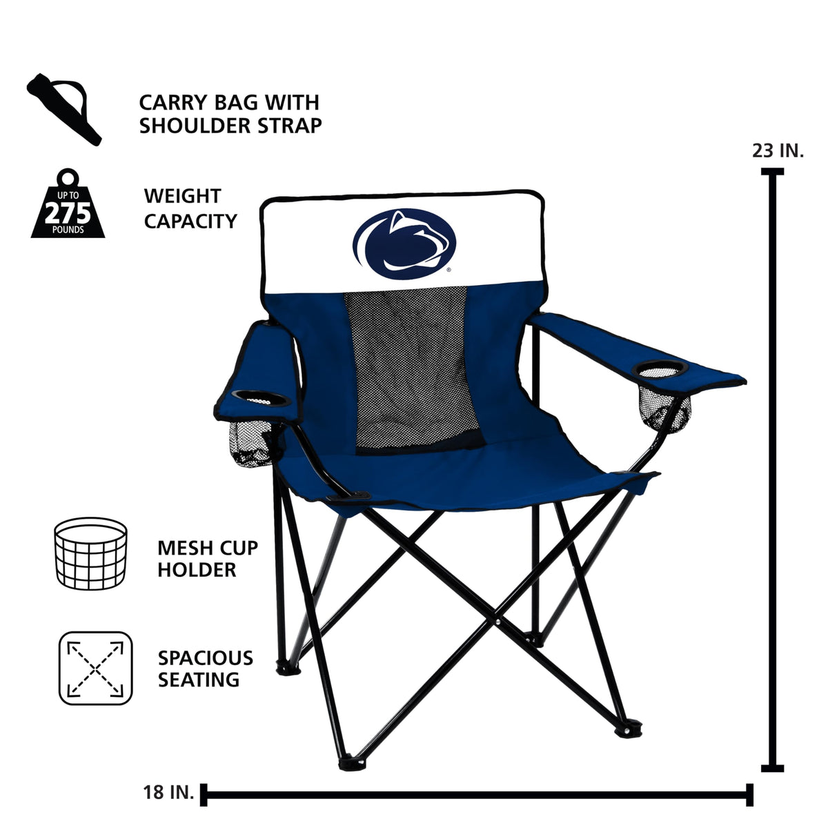 Logo Brands Ncaa Penn State Nittany Lions Elite Portable Chair - Premium Outdoor Chair with Cup Holder, Powder-coated Steel Frame, Lightweight
