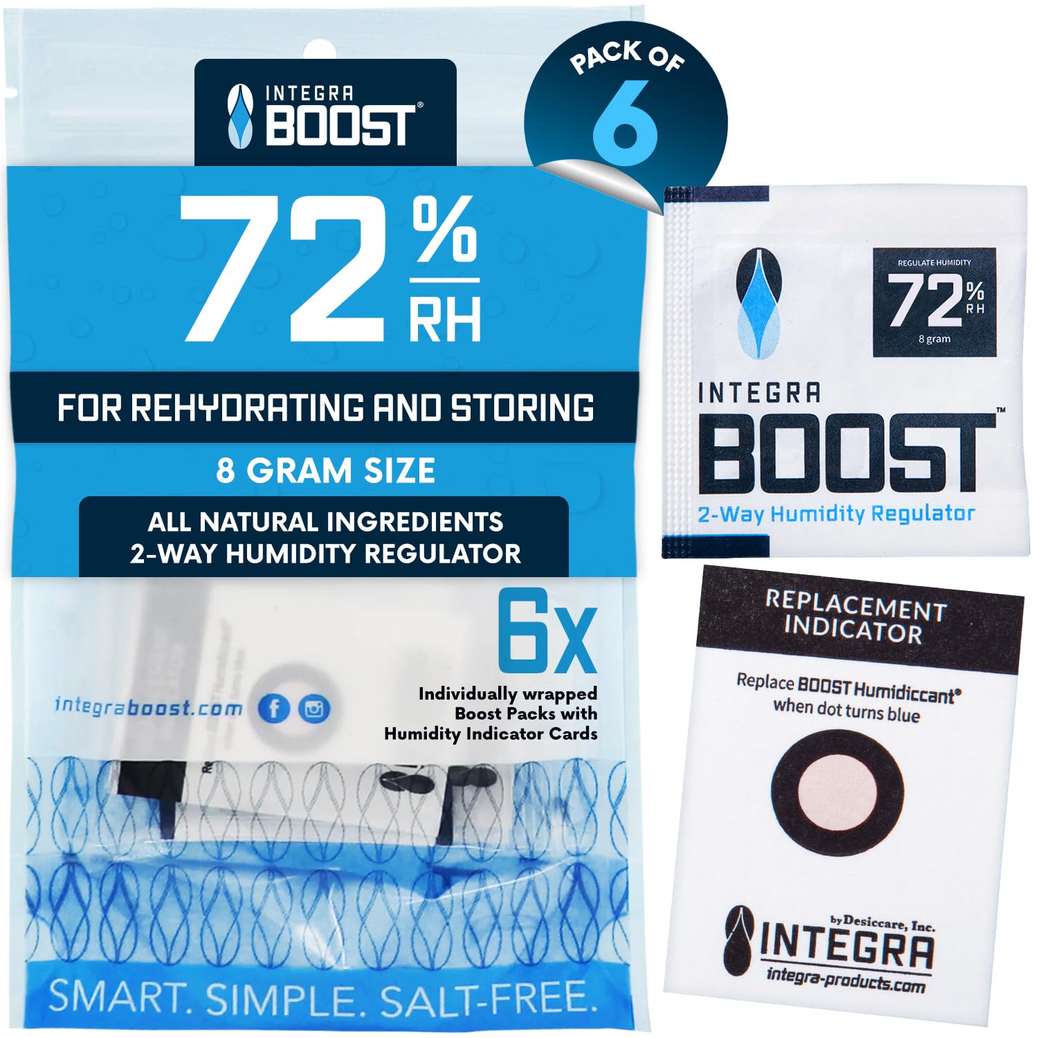 Integra Boost 2-Way Humidity Control Pack - Preserve Flavor & Control Humidity at 72% RH - Moisture Absorber for Herbs, Spices & More - 8 Gram (Pack of 6)