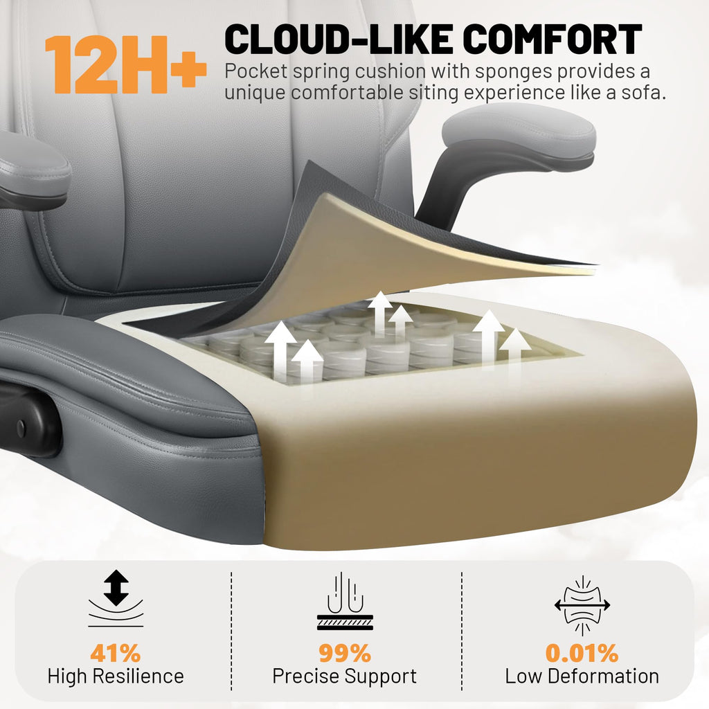 Bestglory Ergonomic Office Chair, Pu Leather Executive Desk Chair with Adjustable Headrest, Flip-up Arms and Lumbar Support, High Back Computer