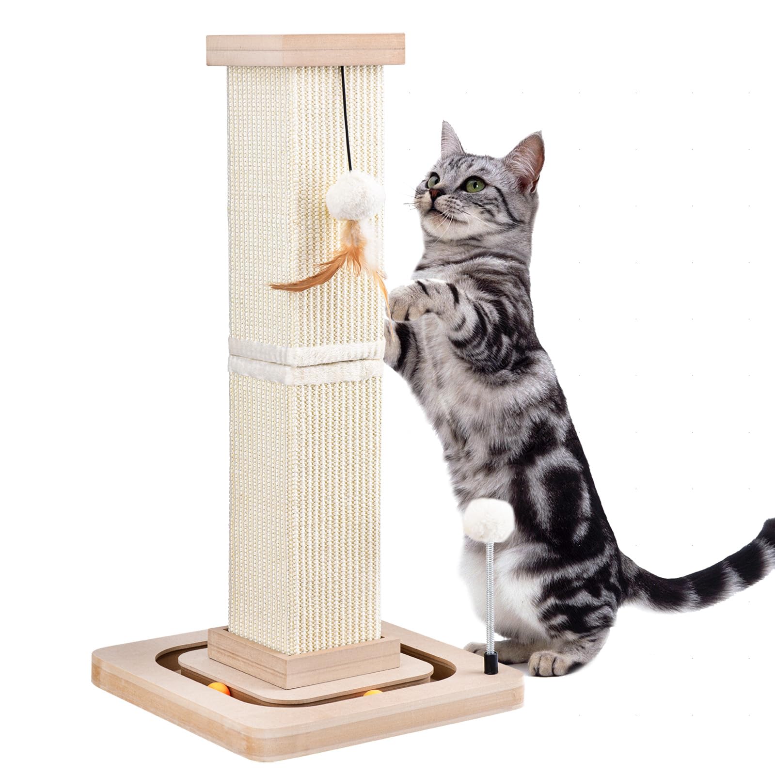 LIFLIX 27" Cat Scratching Post, Sisal Cat Scratcher with Interactive Track Balls and Hanging Balls, Vertical Scratching Posts for Indoor Cats and Kittens