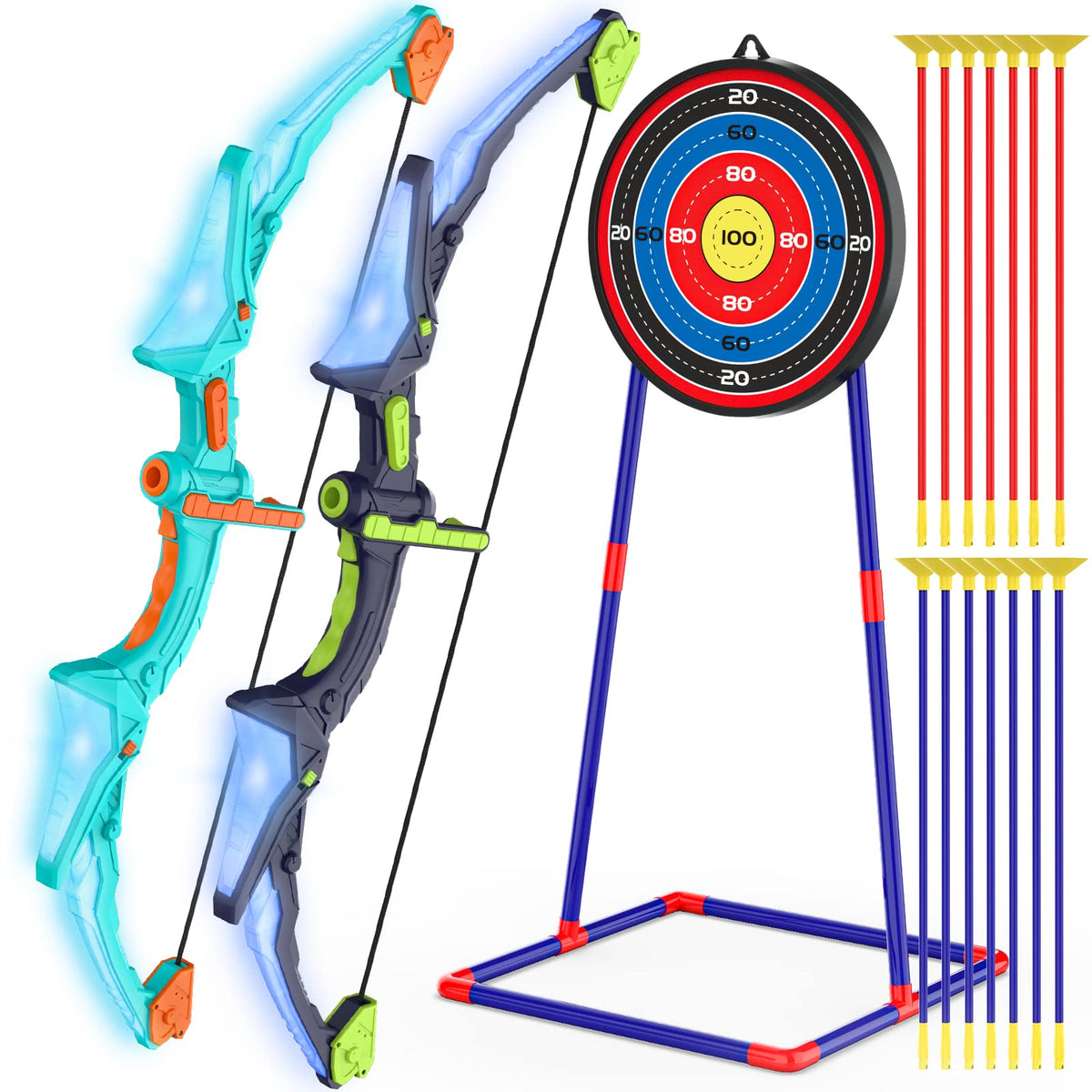 Kmuxilal 2 Pack Kids Bow and Arrow Set with LED Flash Lights, 14 Suction Cup Arrows and Fluorescence Standing Target-Perfect Indoor and Outdoor Game Archery Set Toy Gift for 4 5 6 7 8-12 Year Old Boys