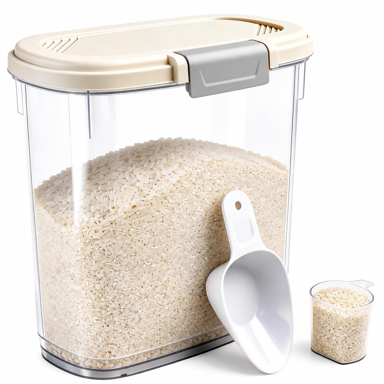 Large Rice Storage Container 15-20 Lbs, Tall Flour Container with Scoop + Cup - Slim Dry Food Storage Bin for Cereal, Sugar, Beans, Pet Dog Cat Food Container - Kitchen and Pantry Storage Organization