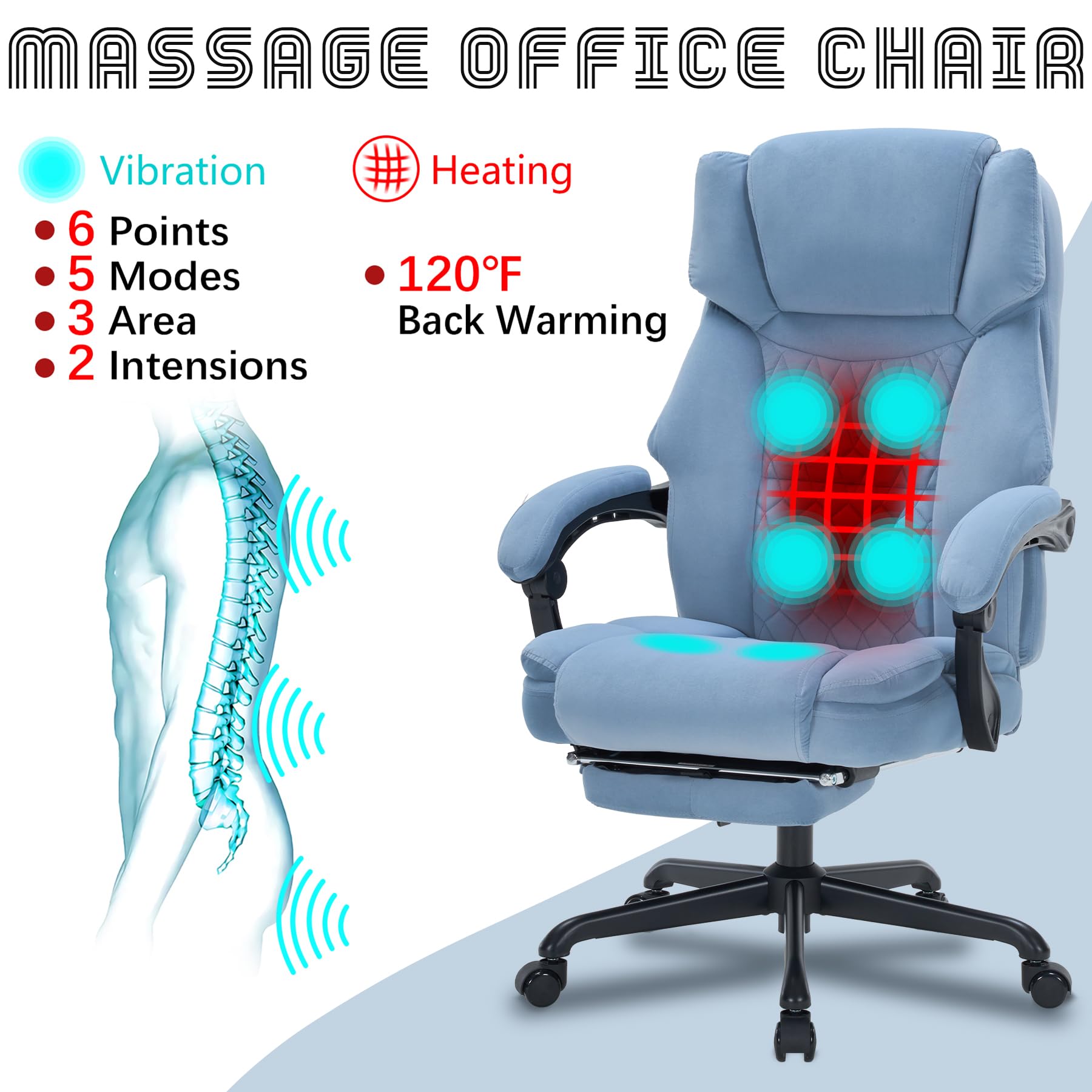 Massage Office Chair with Foot Rest 6 Points Vibration and Heat Home Office Desk Chairs for Heavy People 400lbs Reclining Managerial Chairs