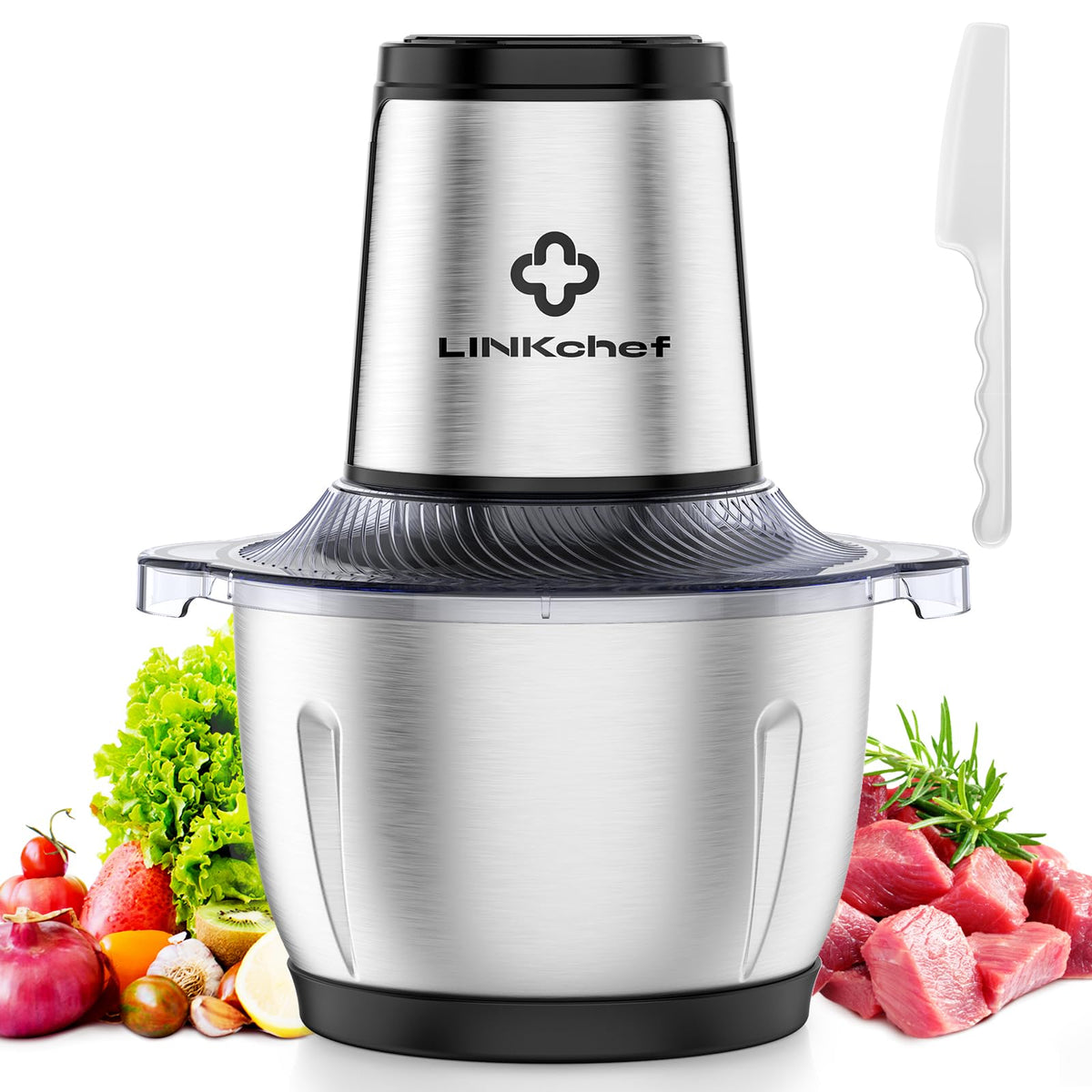 LINKChef Food Processor, 6 Cup Mini Food Chopper, 250W Electric Meat Grinder with Stainless Steel Blades, 1.5L Compact Kitchen Processor for Meat, Vegetables, Onion, Garlic & Baby Food