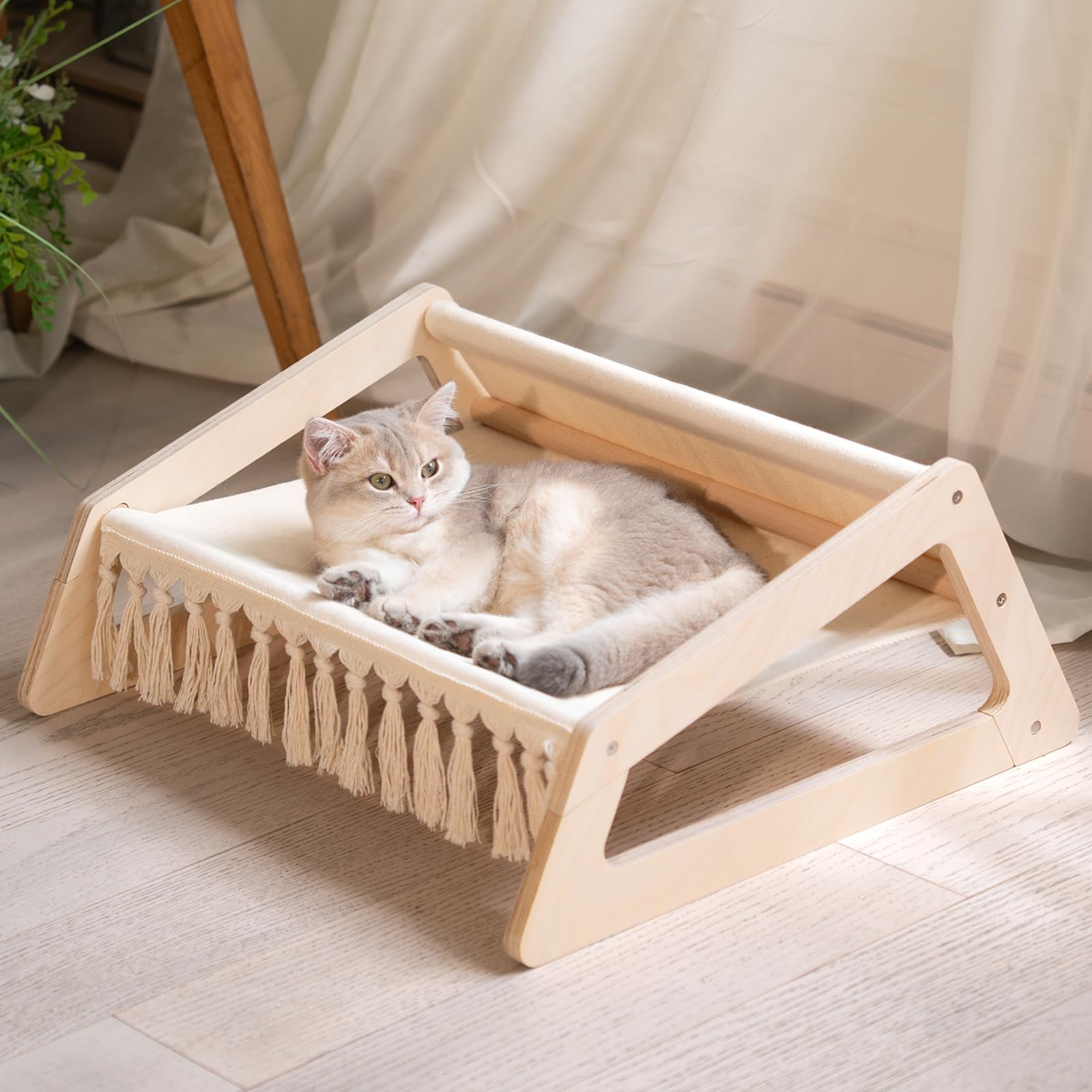CHEERHOME PETS Cooling Cat Hammock Bed with Removable Washable Cover, Pet Couch Sofa for Indoor Cats Elevated Kitty Lounge Chair Suitable for Puppy, Wooden Cat Furniture(Large)