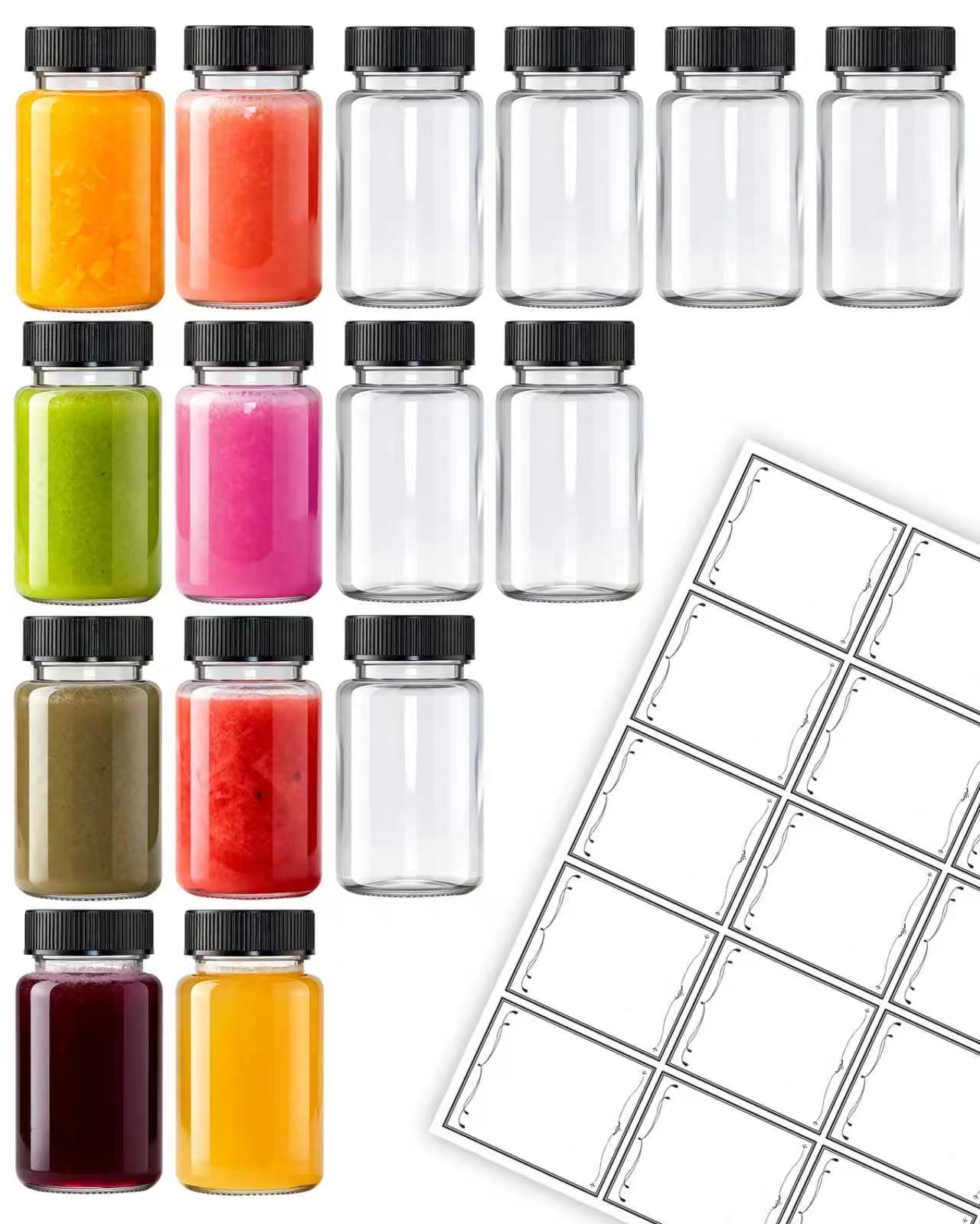15 Pcs 2 Oz Glass Juice Shot Bottles With Black Caps & 15 Labels, Reusable Small Wellness Ginger Shot Glass Bottles Jar With Lids For Juicing & Ginger Shots, BPA-Free & Leak-Proof & Dishwasher Safe