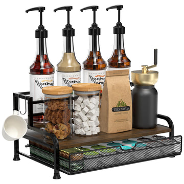 PONEYA Coffee Syrup Rack Organizer, with Anti-Fall K-Cup Pod Holder Drawer