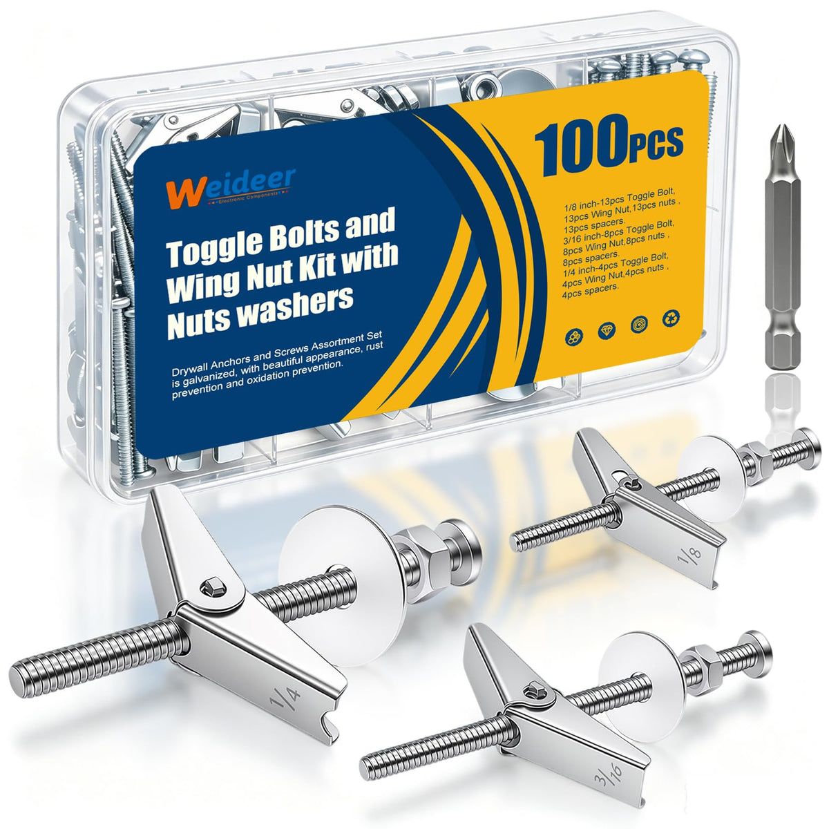 weideer 100Pcs Toggle Bolts 1/8" 3/16" 1/4" Heavy Duty Drywall Anchors and Screws Assortment Set Toggle Bolts and Wing Nut Kit with Nuts washers (25sets) K-136
