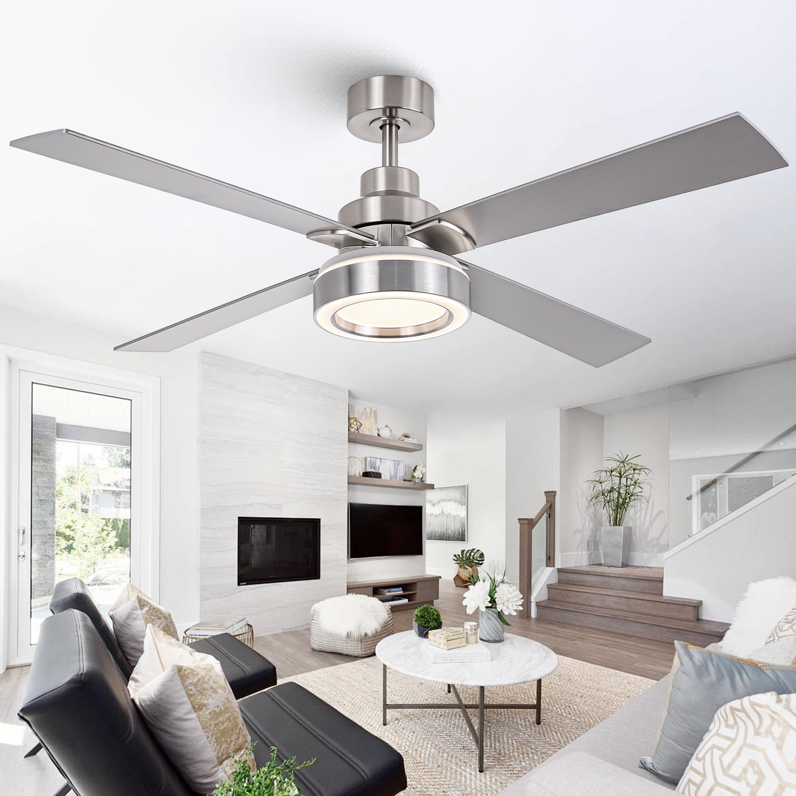 52 Inch Ceiling Fans with Lights and Remote, Modern Ceiling Fans Nickel, 3CCT Dimmable, Timer, Reversible Motor, Indoor & Outdoor Silver Ceiling Fan for Bedroom Living Room Patio - Upgraded