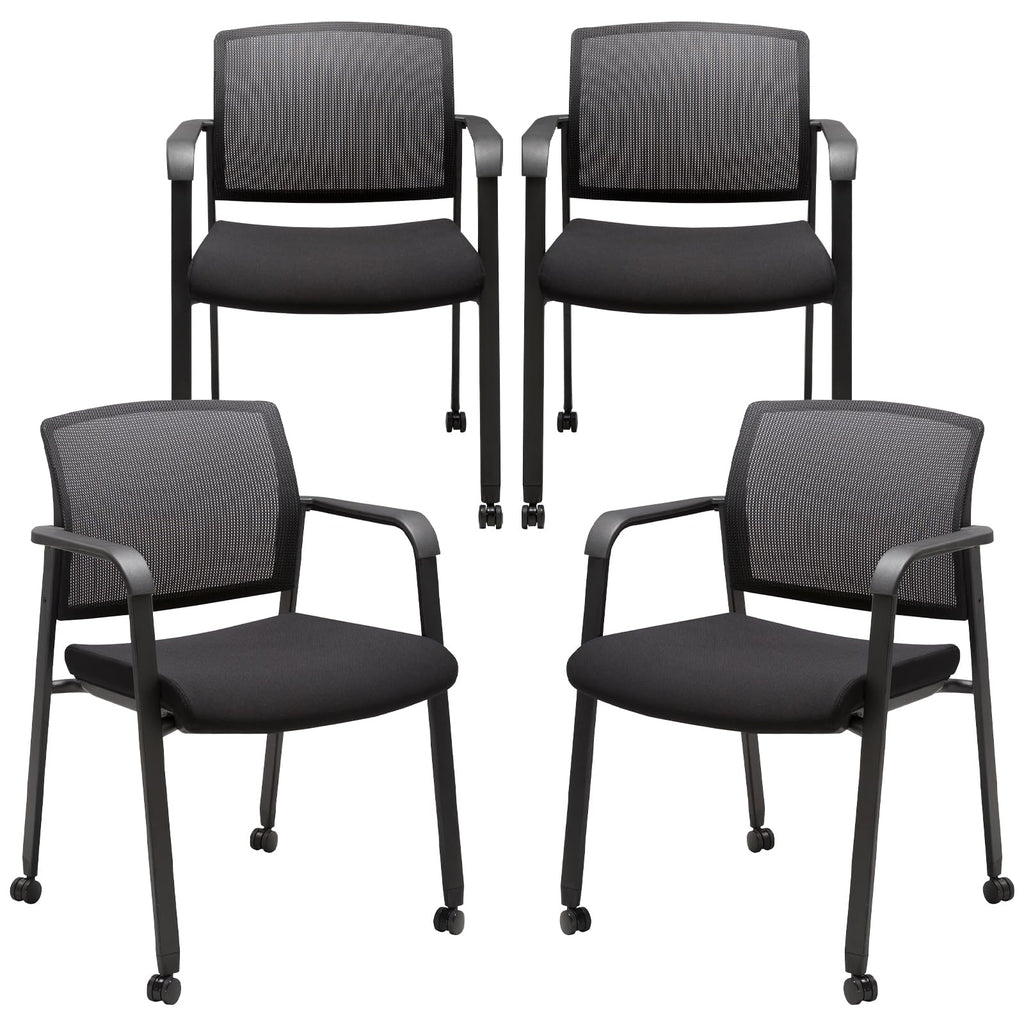 Clatina Mesh Back Guest Reception Arm Chairs with Wheels, Waiting Room Chairs with Upholstered Fabric Seat and Ergonomic Lumbar Support for