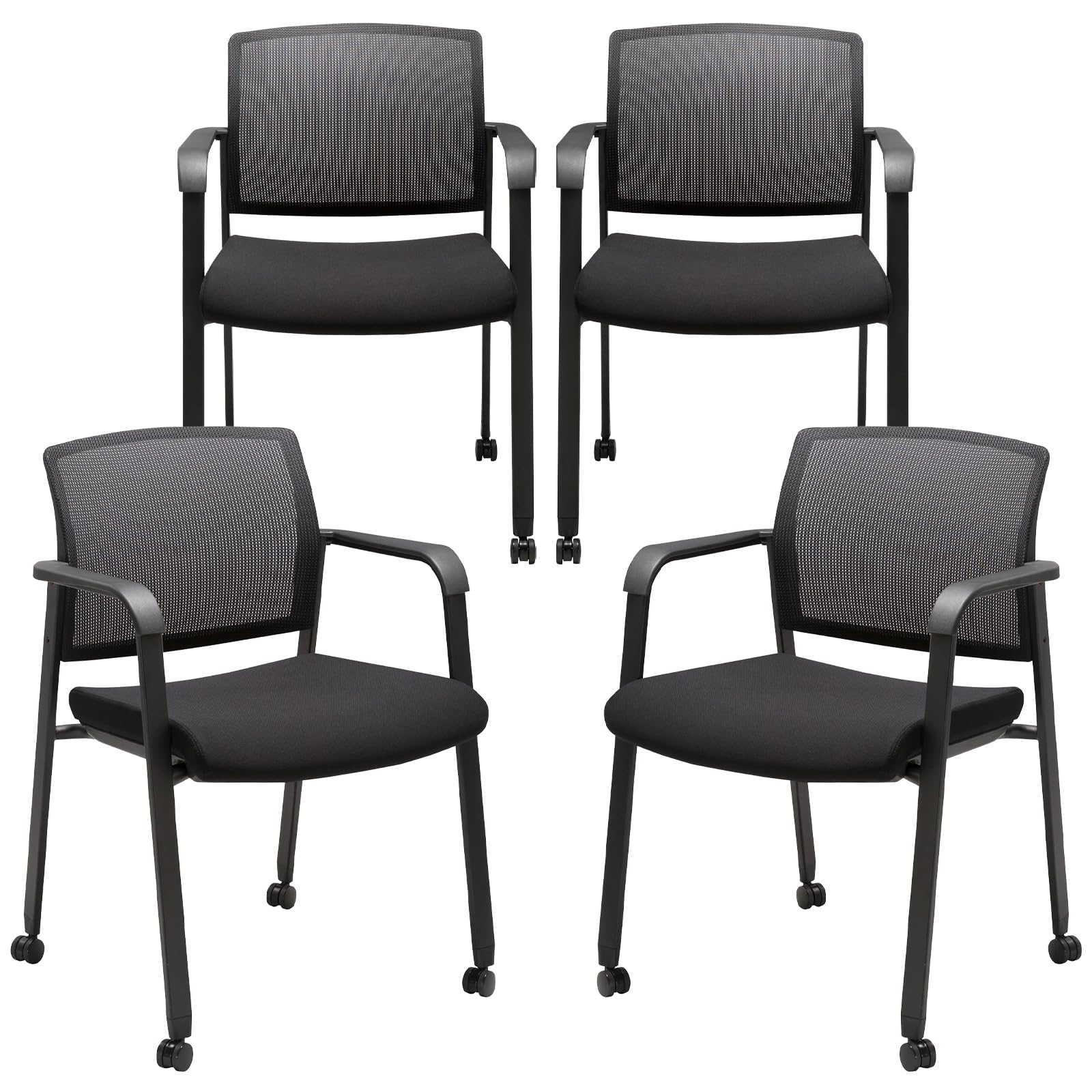 Clatina Mesh Back Guest Reception Arm Chairs with Wheels, Waiting Room Chairs with Upholstered Fabric Seat and Ergonomic Lumbar Support for