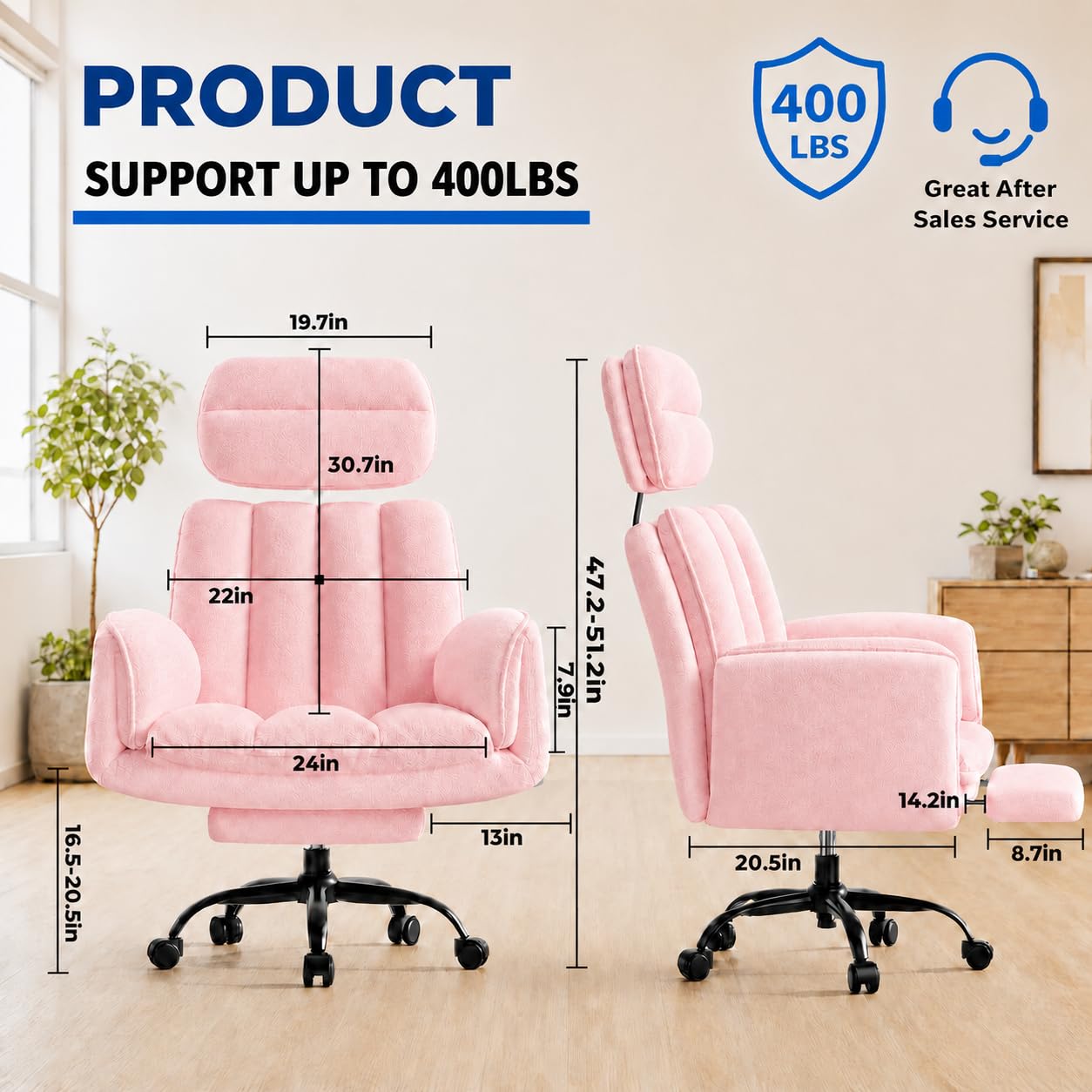 Homigropa Big and Tall Office Chair with Footrest & Adjustable Armrests, Pink, Light Pink
