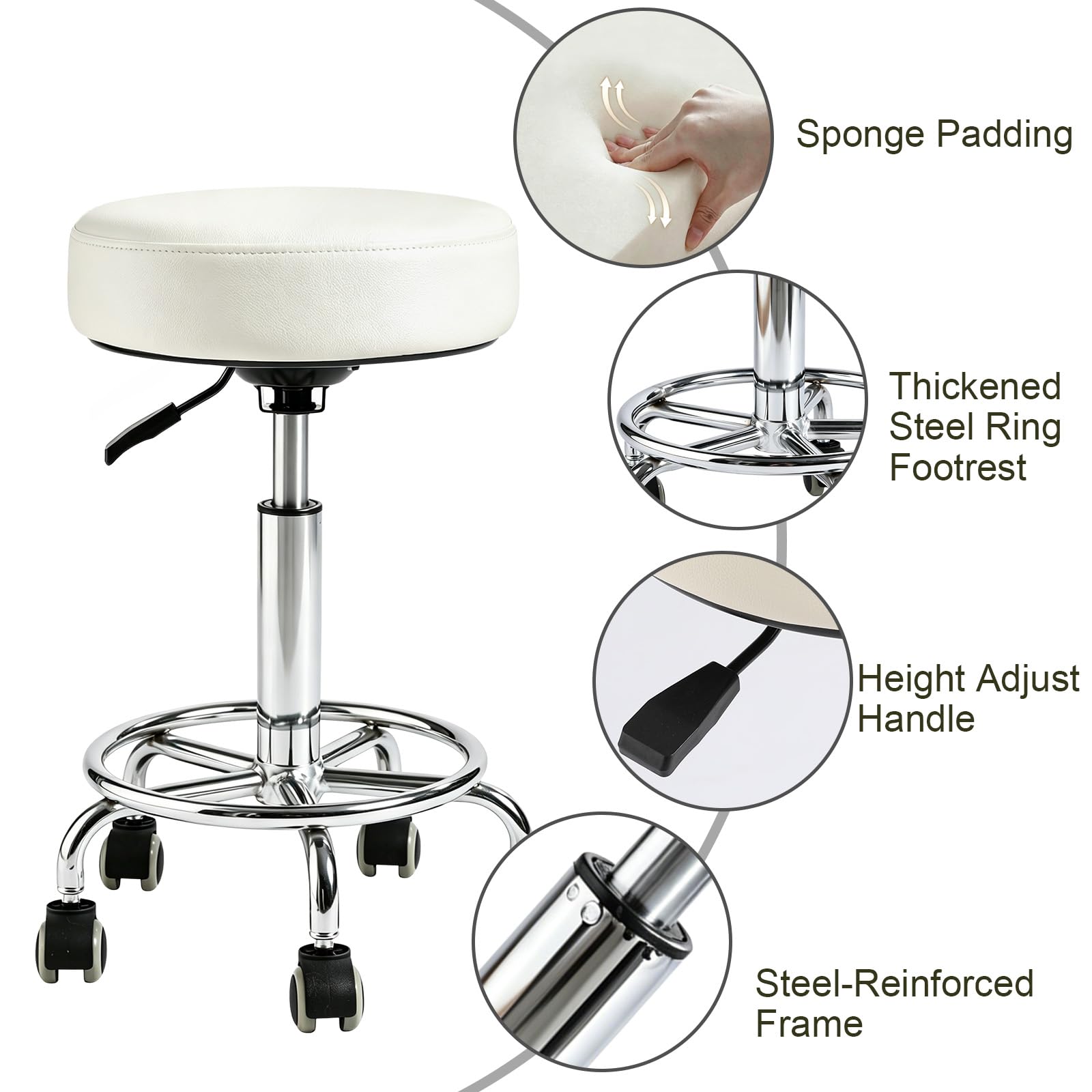 Limkomes 500lb Heavy-duty Adjustable Stool with Wheels, Round Rolling Chair, No backrest, White