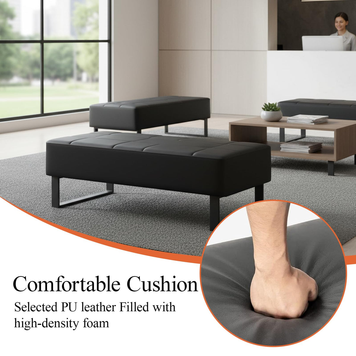 Brysj Waiting Room Bench Faux Leather Office Guest Chair Upholstered Lobby Furniture for Home Conference Room Beauty Salon Shop Barbershop