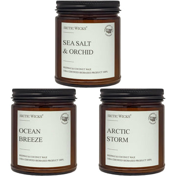 Arctic Wicks 3 Pack Spring Candle Set - Sea Salt & Orchid, Ocean Breeze & Arctic Storm | Coconut Beeswax Candles | 9oz Amber Jar | Farmhouse Candles Non-Toxic Clean Burn 100% USDA Certified Biobased