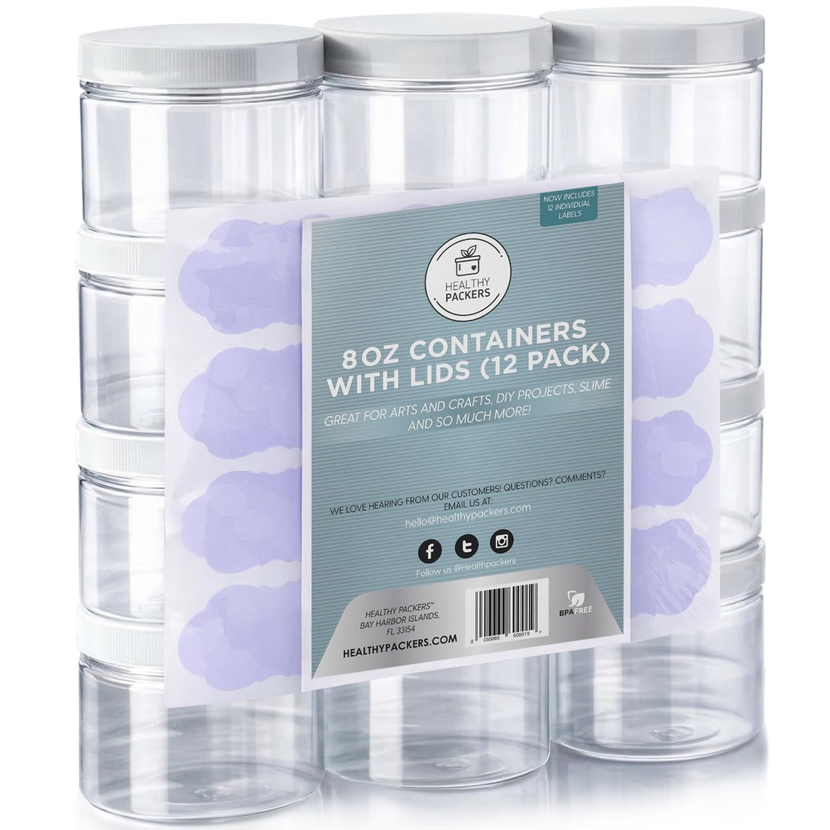 Healthy Packers Slime Containers with Water-tight Lids (8 oz, 12 Pack) - Clear Plastic Food Storage Jars with Individual Labels- Great for your slime kit - BPA Free