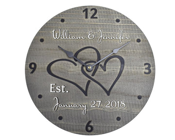 11 Inch Personalized Wooden Wall Clock with Interlocking Hearts for Couple - Handmade Wood