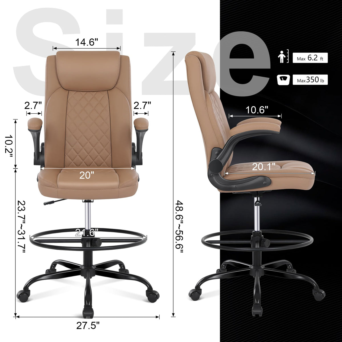 Misolant Drafting Chair, Tall Office Chair for Standing Desk, Standing Chair with Adjustable Height and Flip-up Armrest, Leather Drafting