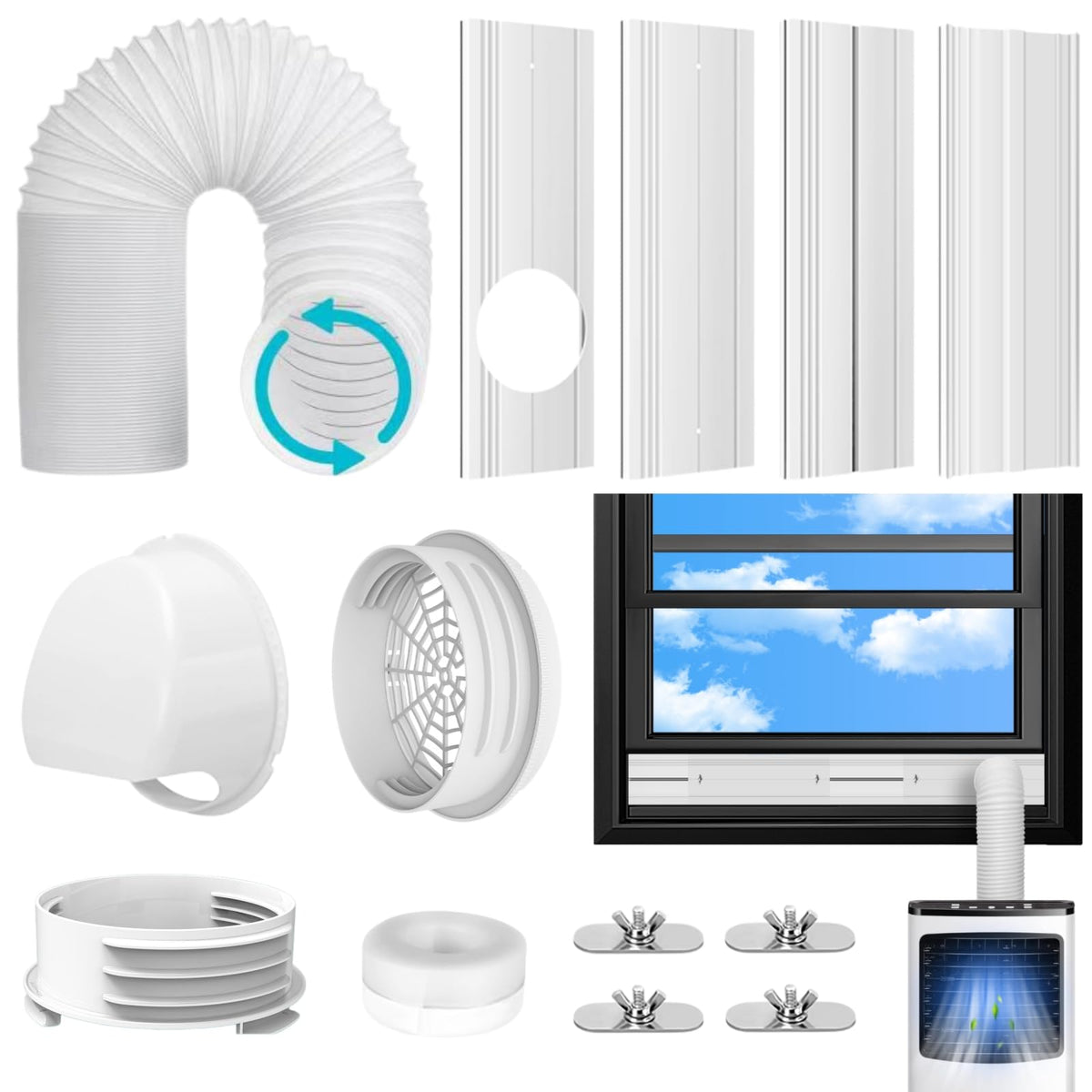 Portable AC Window Vent Kit with 5.9Inch Exhaust Hose & Mobile Air Conditioner Unit Coupler, Upgraded Seamless 4 Seal Plates Window Kit Adjustable for Horizontal & Vertical Sliding Windows