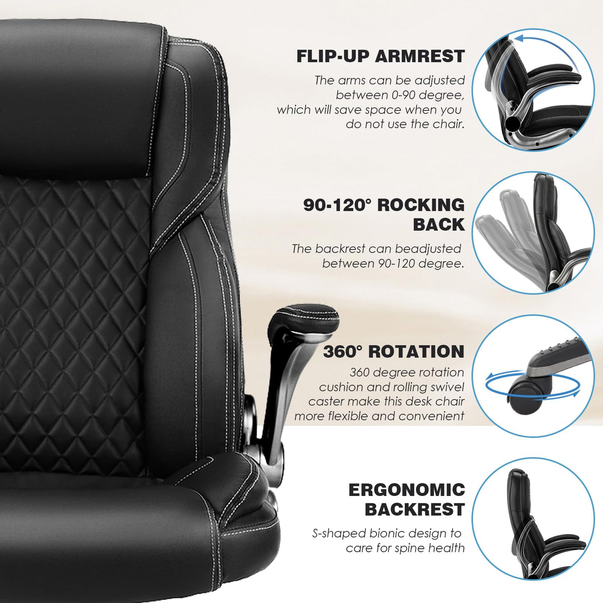 Reficcer Leather Executive Office Chair with Flip Up Arms, Black