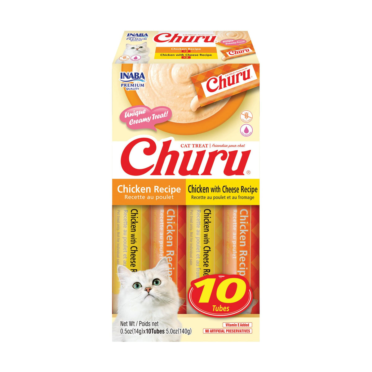 INABA Churu Cat Treats, Grain-Free Lickable Creamy Purée with Vitamin E, 0.5 Ounces per Tube, 10 Tubes Total, Chicken Variety Box