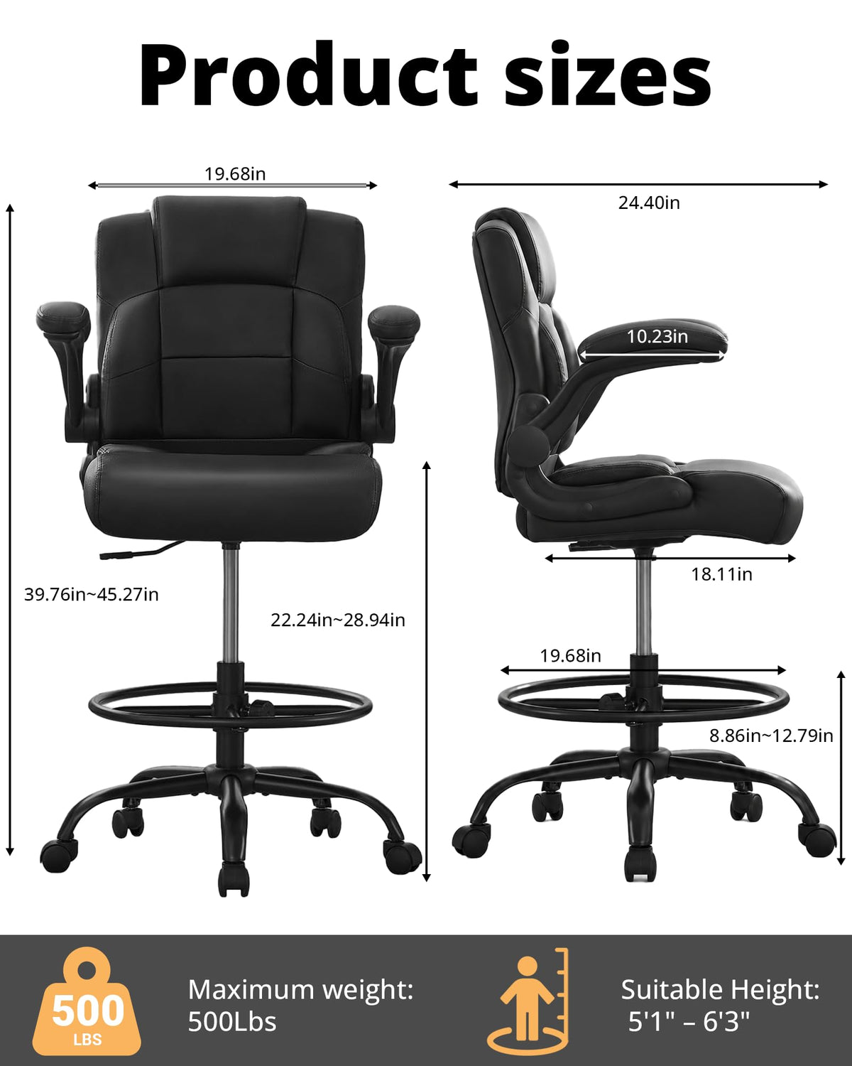 Drafting Chair with Flip-up Arms, Tall Office Chair for Standing Desk, Dark