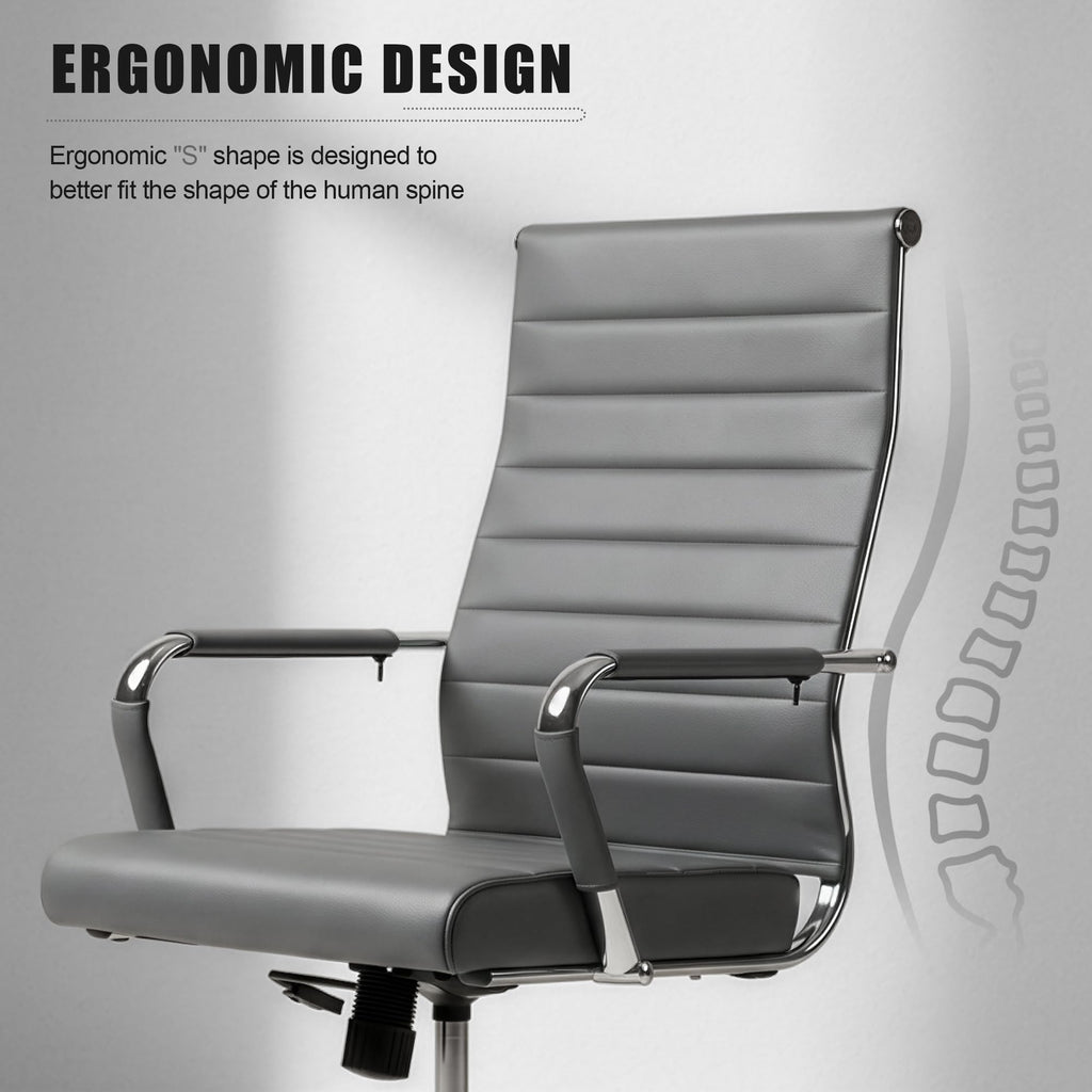 Okeysen Grey Office Desk Chair, Ergonomic Leather Modern Conference Room Chairs, Executive Ribbed Height Adjustable Swivel Rolling Chair for