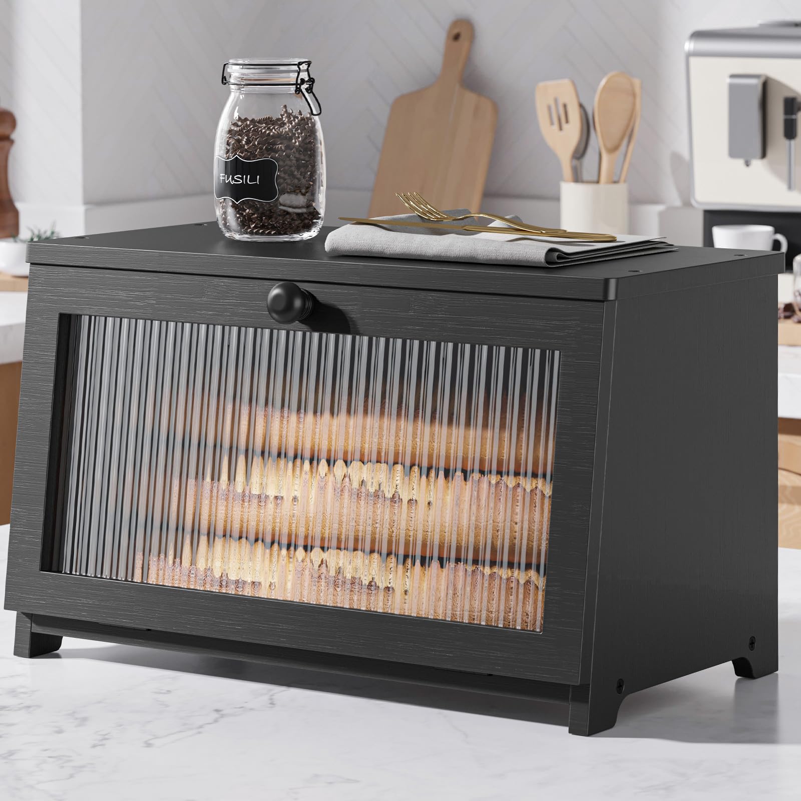 Kitsure Bread Box - Wooden Bread Box for Kitchen Countertop, Large Capacity Kitchen Countertop Organizer, Stylish Bread Storage with Window, Multi-functional Container, Black, 1-Tier