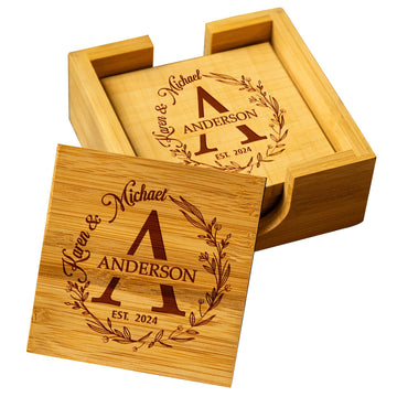 Silveroy Custom Coaster Set of 12 with 2 Holders - Personalized Bamboo Bar Coasters for Anniversary, Wedding, Ideas to Couples, Newlyweds. Handmade Engraving on the Coasters.