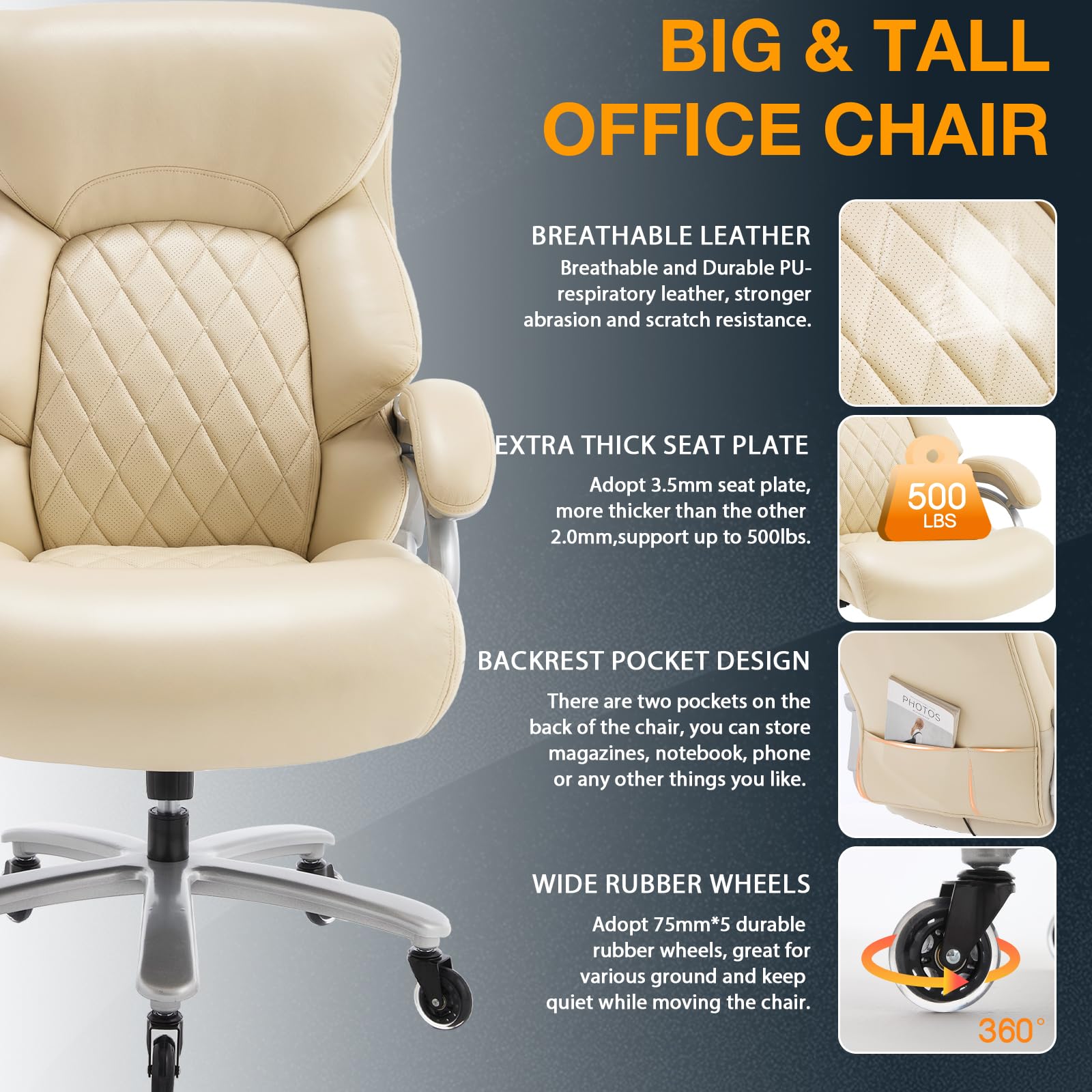 Zsqn Big and Tall Office Chair for Heavy People, 500lbs High Back Extra Wide Heavy Duty Executive Office Chair Comfortable for Home, Large