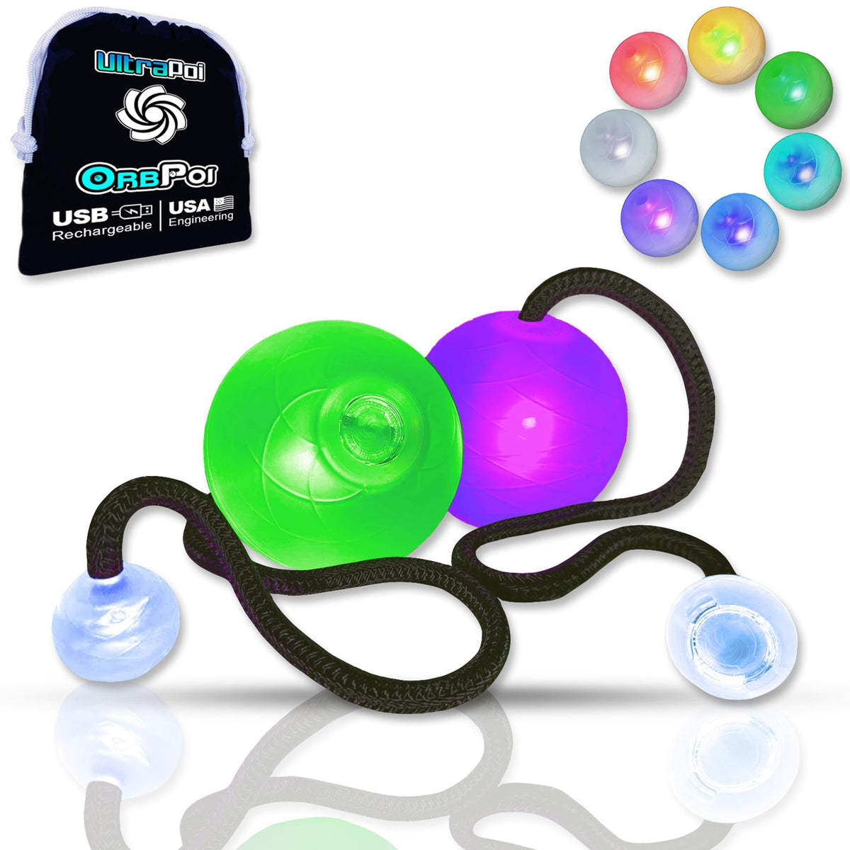 UltraPoi OrbPoi Non-LED Knob Handles Set – USB Rechargeable LED Poi Balls, 30+ Color Modes & Flashing Patterns, Soft Durable Cases for Spinning Contact Flow Arts at Festivals, Rave & Parties