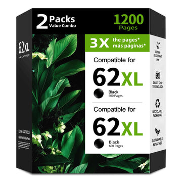 62XL Ink Cartridge Black (2 Pack) Replacement for HP 62 XL HP62 HP62XL for OfficeJet 250 200 5740 5745 8040 258 ENVY 5660 7640 5540 7645 5549 8000 5542 5642 5665 5545 5661 5663 5746 7643 8005 Printer