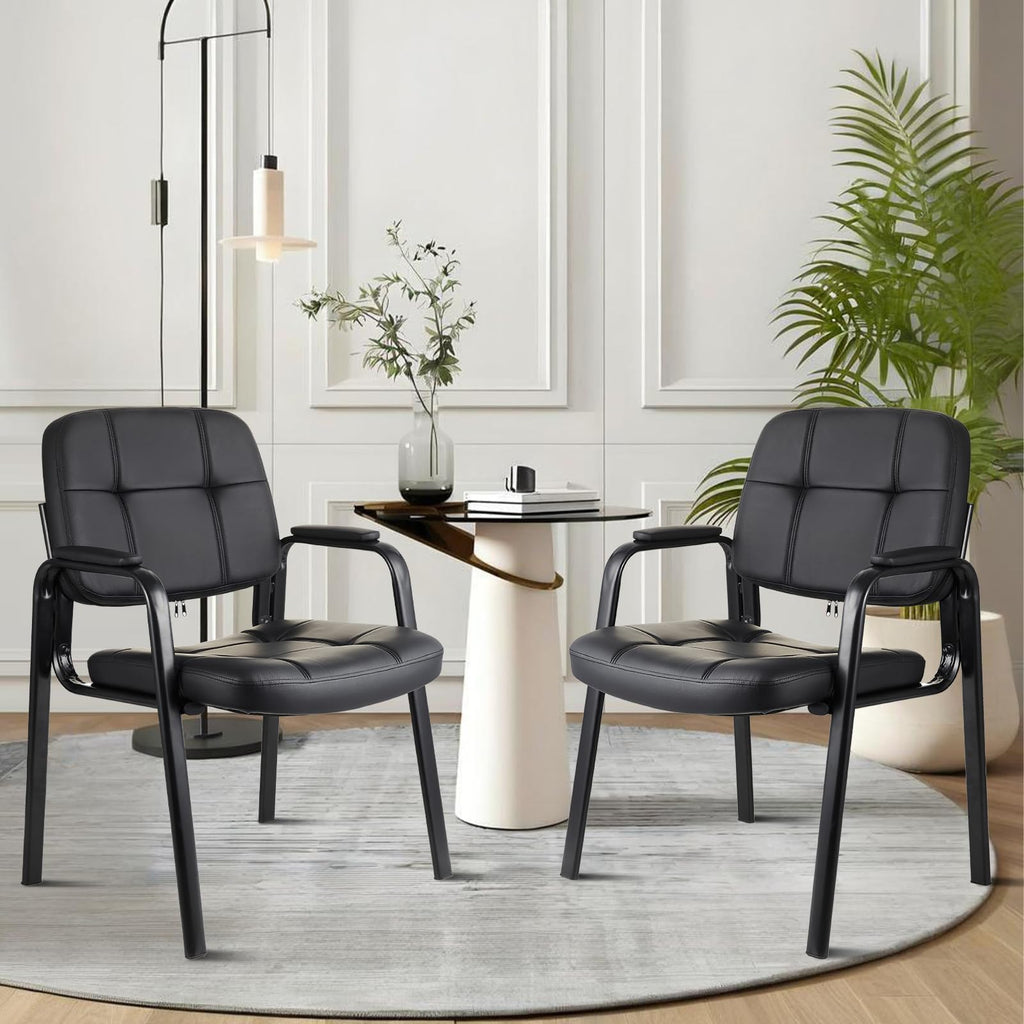 Clatina Reception Chair with Bonded Leather Padded Arm Rest, Modern Style Guest Chair for Office Meeting Waiting Room Conference Desk, Black (2