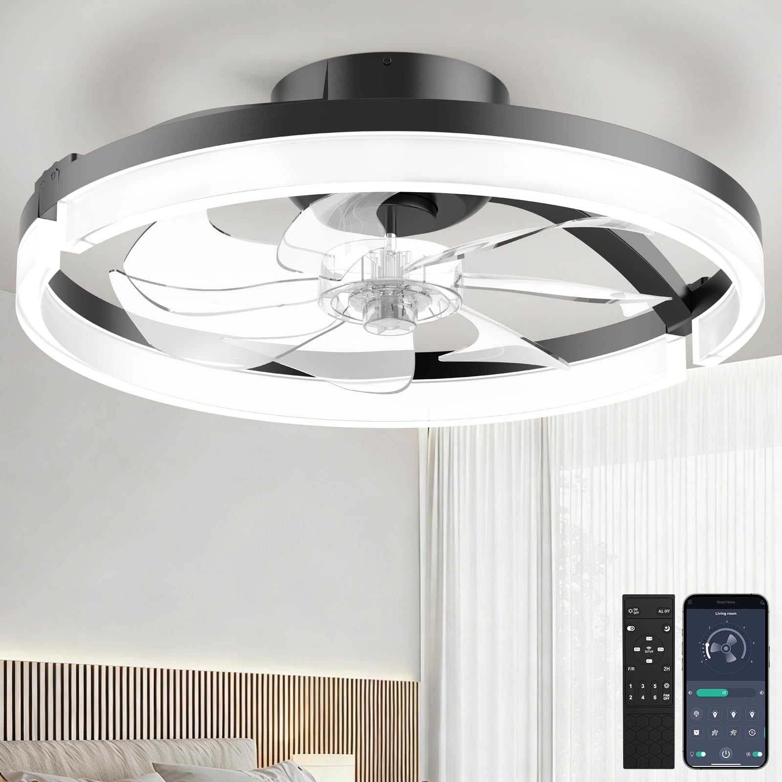 Ceiling Fans with Lights and Remote, Low Profile Ceiling Fan, Morden Flush Mount LED Fan Light, 3000K-6500K Dimmable for Bedroom, Kitchen, Living Room, Frosted, Black