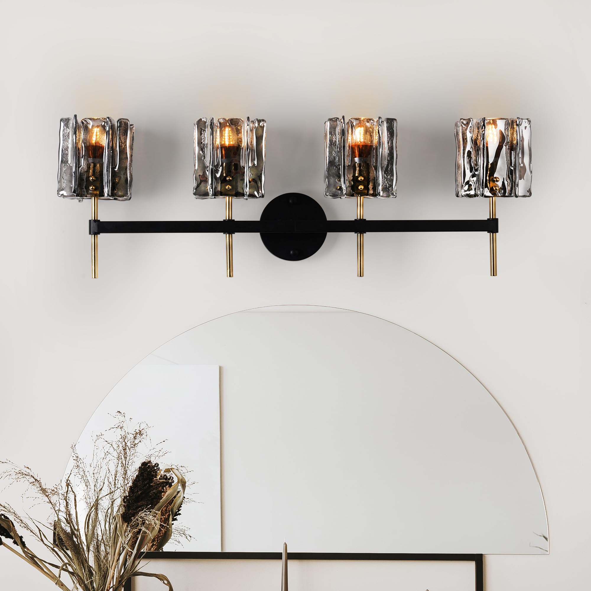 Modern 4-Light Bathroom Vanity Light, 31" L Black & Brass Wall Sconce with Textured Smoke Glass Shades, E12 Base Vanity Lighting Fixture for Bathroom Mirror, Powder Room, Bedroom(Grey, 4-Light)