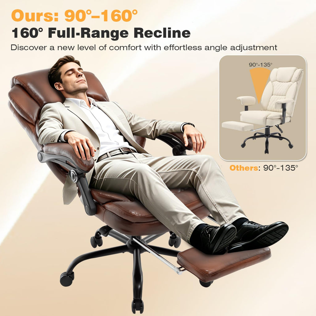 Linting 400lb Leather Reclining Office Desk Chair with Foot Leg Rest Brown, Large(400lbs), Wine Red