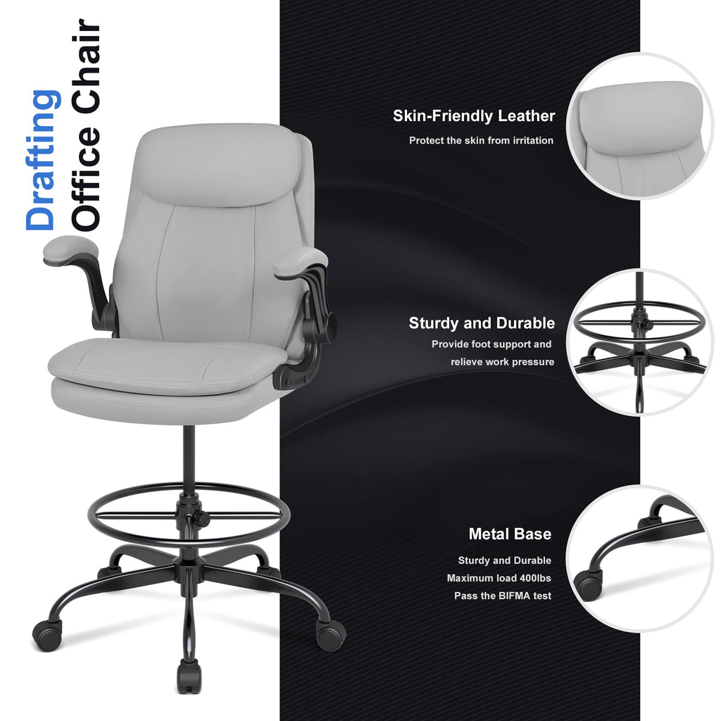 Misolant Leather Drafting Chair, Tall Office Chair for Standing Desk, High Executive Office Chair with Adjustable Height and Flip-up Armrest