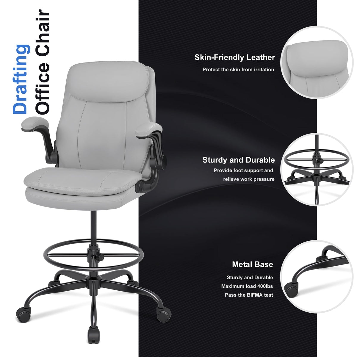 Misolant Leather Drafting Chair, Tall Office Chair for Standing Desk, High Executive Office Chair with Adjustable Height and Flip-up Armrest