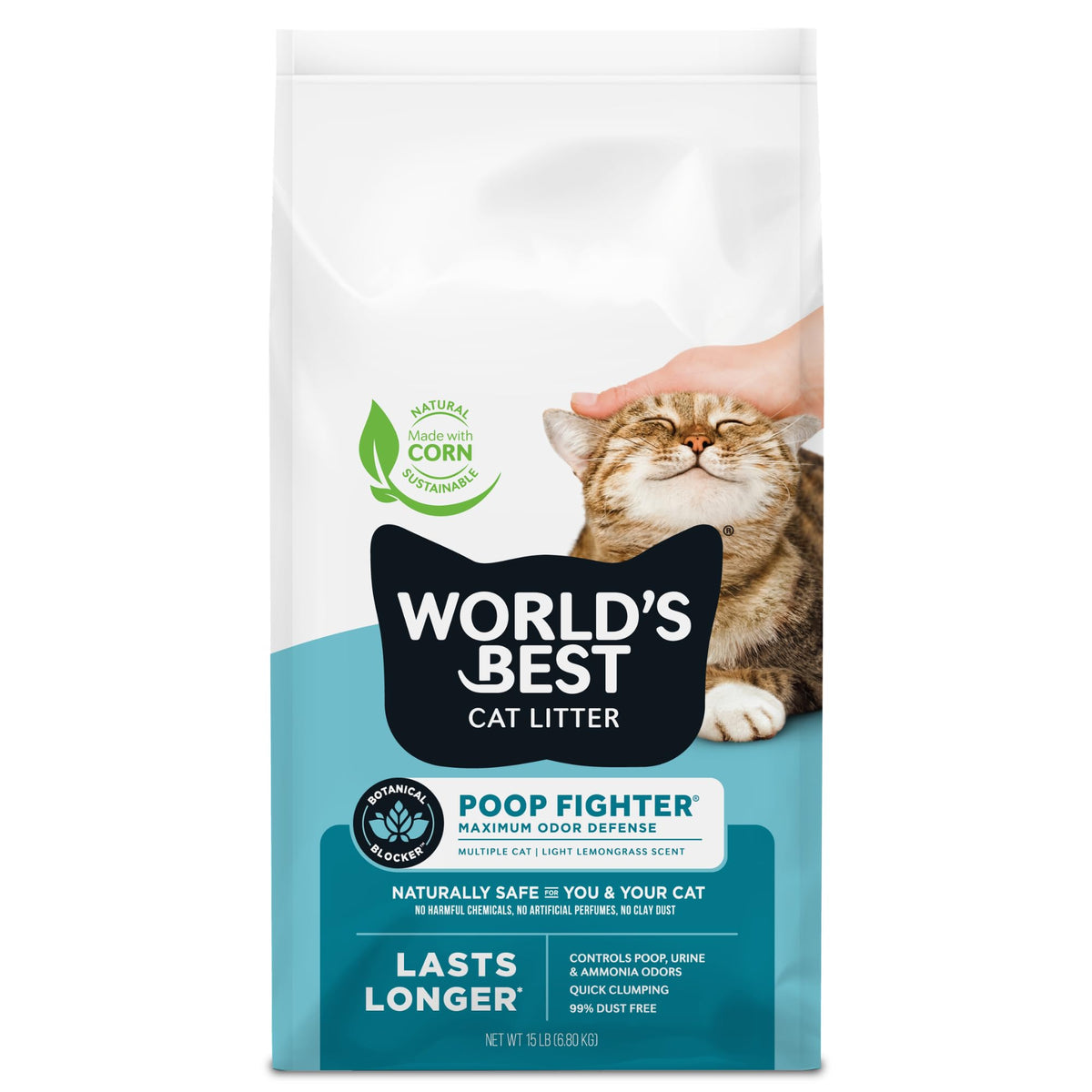 WORLD'S BEST CAT LITTER Poop Fighter Maximum Odor Defense, 15-Pounds - Natural Ingredients, Quick Clumping, Flushable, 99% Dust Free & Made in USA - Long-Lasting Odor Control & Easy Scooping