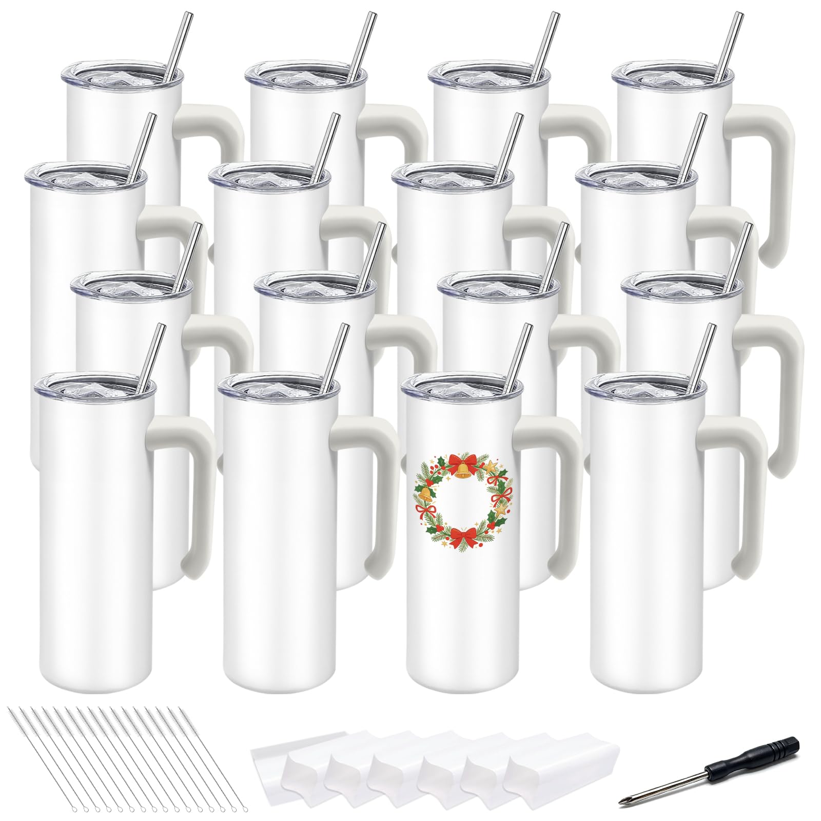 16 Pack Sublimation Tumblers Blanks Skinny Straight Bulk 20 oz with Removable handle, Stainless Steel Double Wall Insulated Sublimation with Straw & Lids for Heat Transfer, White