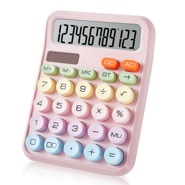 Cute Pink Mechanical Desktop Calculator, Solar Powered, Big Buttons | Dual solar and battery power, 12-digit LCD display and large responsive big buttons for office, school and daily calculations