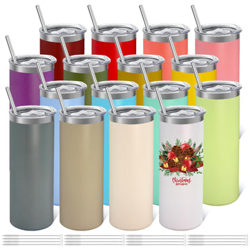 YOUKE OLA 16 Pack Stainless Steel Skinny Tumblers Bulk Straight Double Wall Powder Coated Insulated Tumbler with Lid and Straw for Laser Engrave, DIY Gift, 20oz Mix Colors