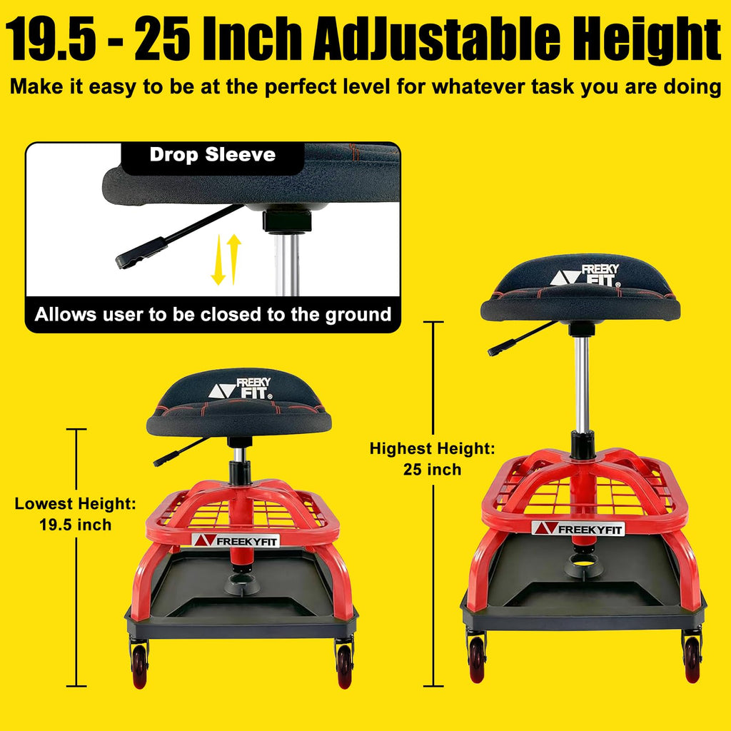 Freekyfit Rolling Stool with Red Wheels, Heavy Duty Garage Work Mechanic Rolling Shop Stool with Backrest, Adjustable Height 360°swivel Roller